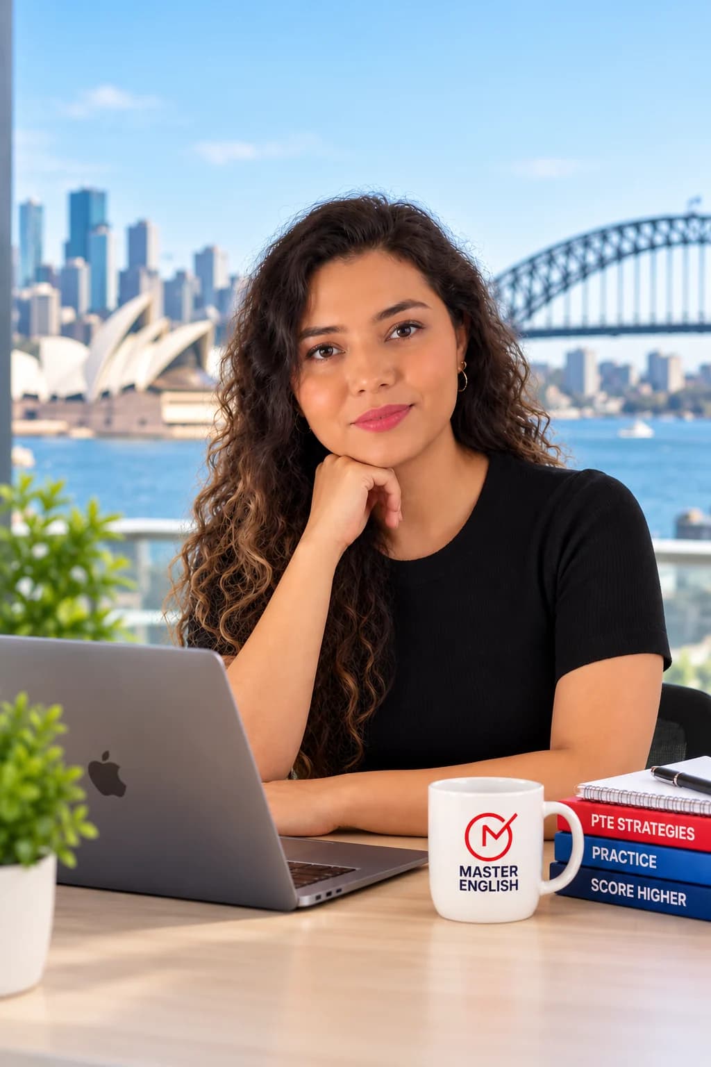 Maria Jose (Majo), Master English Australia’s lead PTE teacher, beside Sydney Harbour