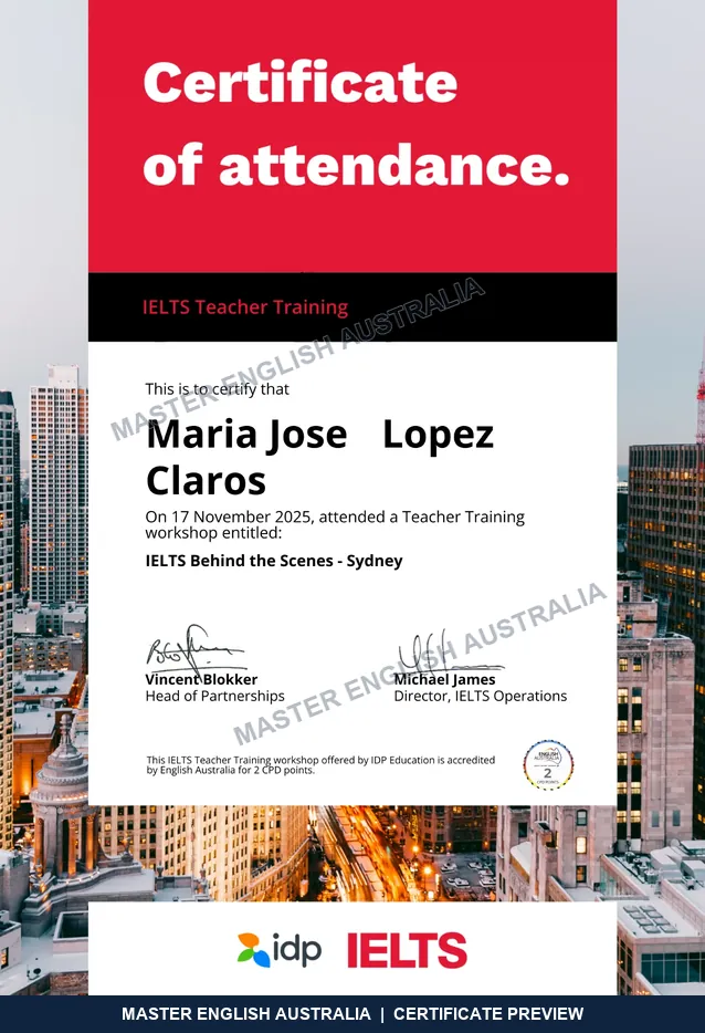 IELTS Behind the Scenes – Sydney certificate issued by IDP Education · Maria Jose (Majo), 17 November 2025